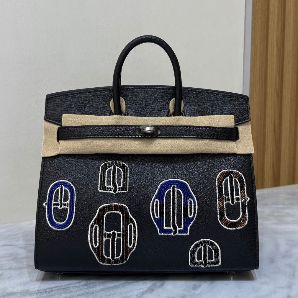 High-end Hermes 2026 Birkin 20cm Bouclerie Casaque Bag Black Goatskin Leather