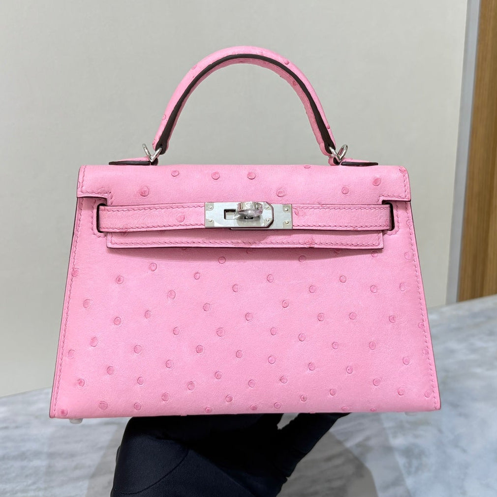 High-end Hermes 2026 Mini Kelly II 19cm Bag Pink Ostrich Leather