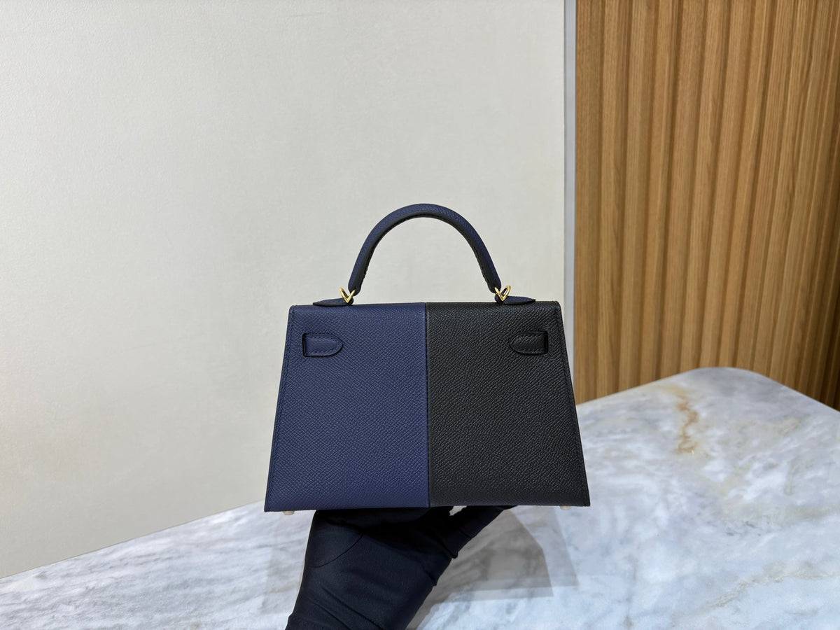High-end Hermes 2026 Mini Kelly II 19cm Bag Black mix Indigo Blue Epsom Leather