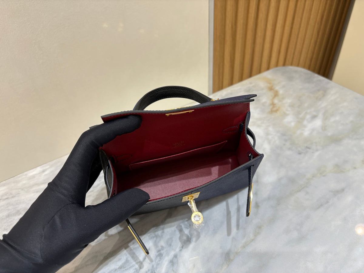 High-end Hermes 2026 Mini Kelly II 19cm Bag Black mix Indigo Blue Epsom Leather