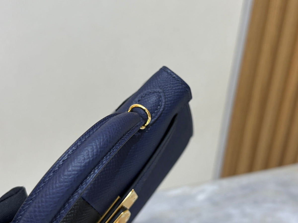 High-end Hermes 2026 Mini Kelly II 19cm Bag Black mix Indigo Blue Epsom Leather