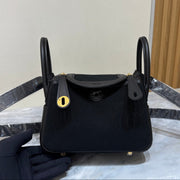 High-end Hermes 2026 Lindy Bag 19cm Black Swift Leather/Canvas