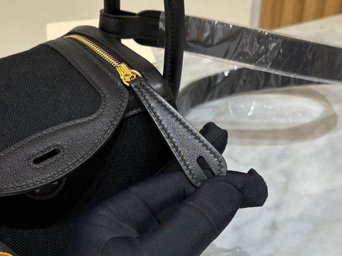 High-end Hermes 2026 Lindy Bag 19cm Black Swift Leather/Canvas