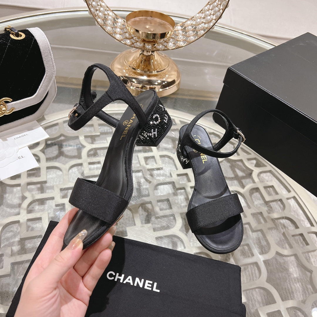 CC 25C 5CM Mid Heed Sandals Black Fabric 213321
