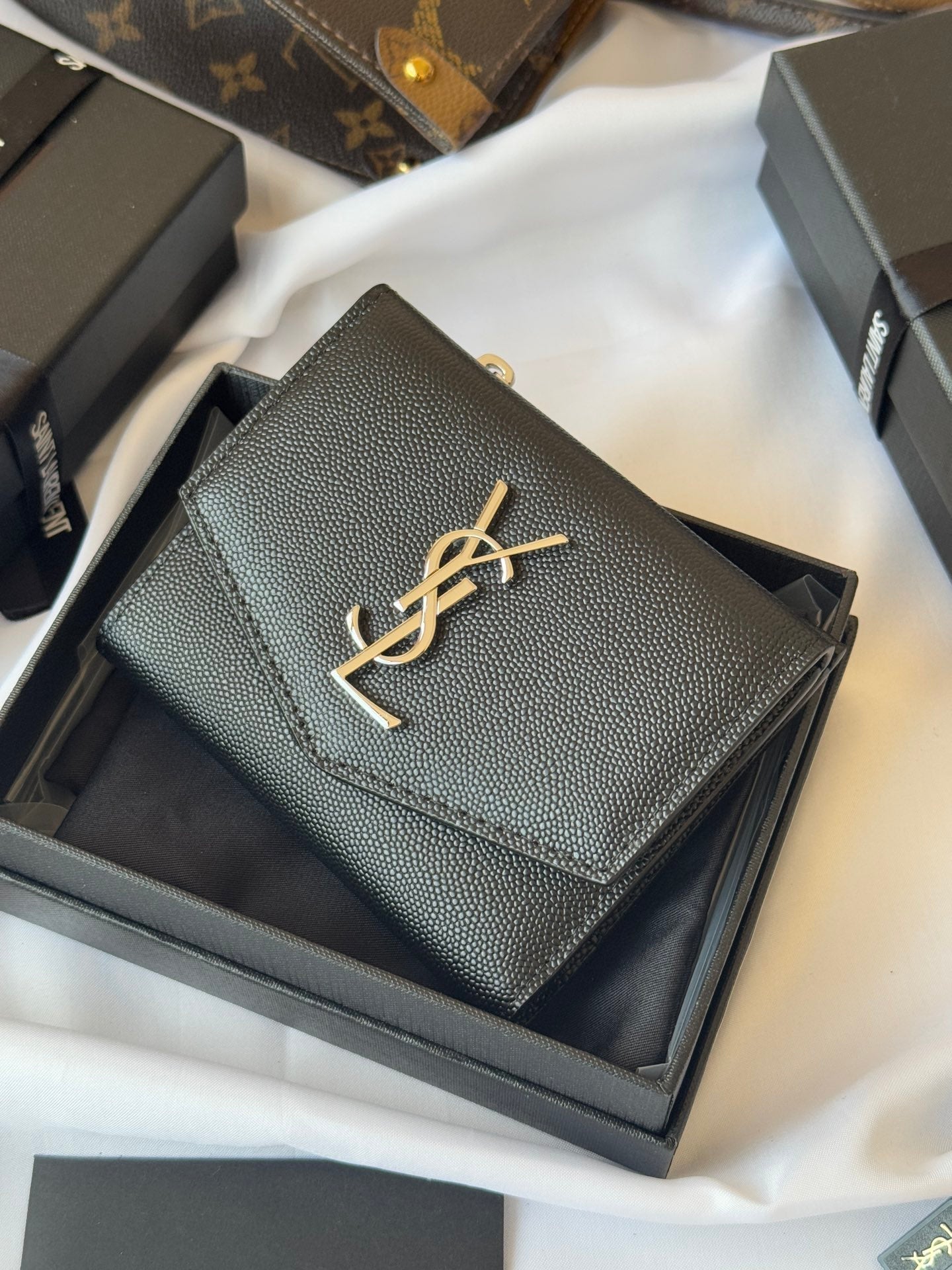 YSL Tri-fold Wallet Black Silver Cowhide 242758