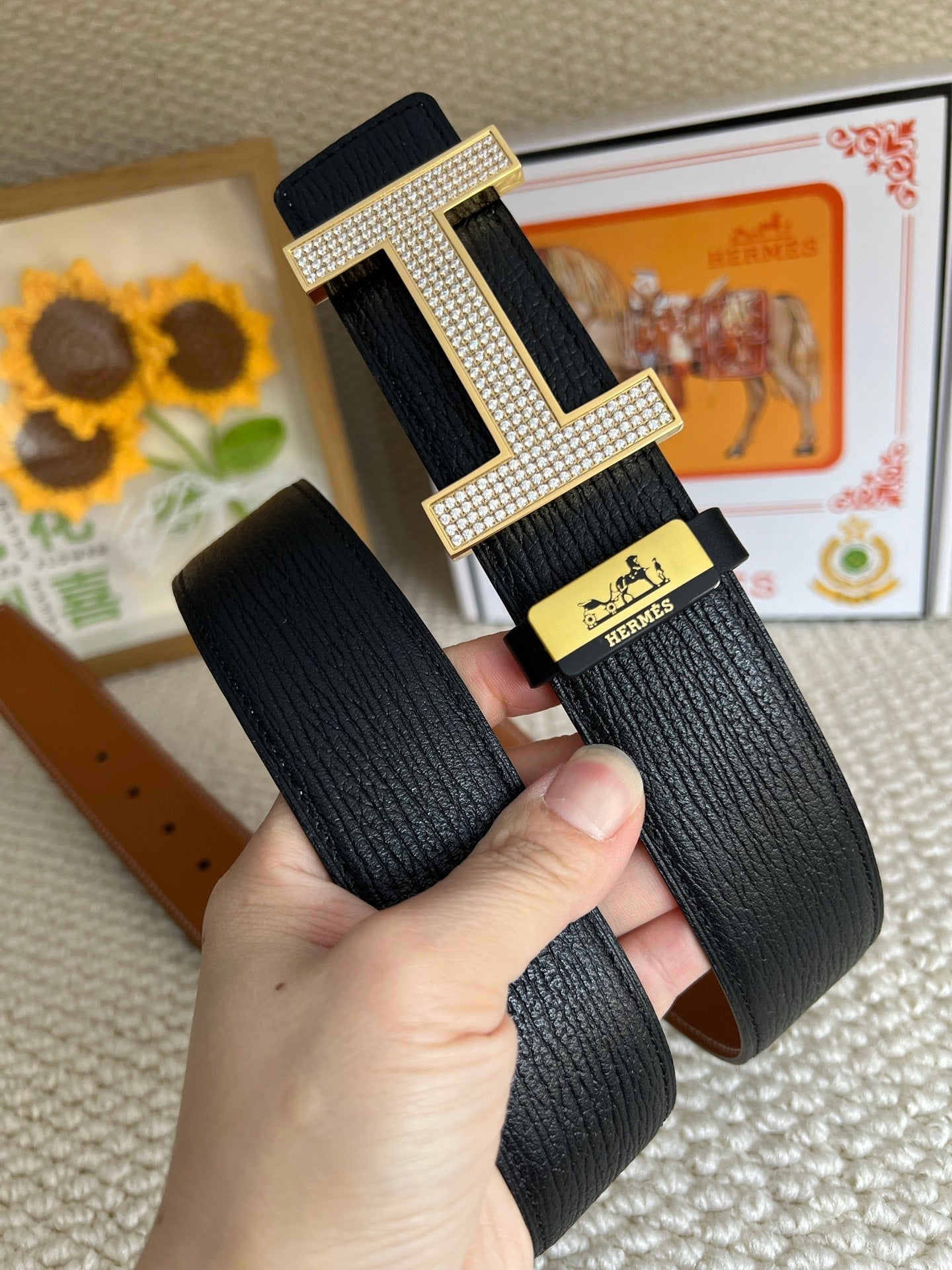 HM Belt 38mm Black Brown Cowhide Gold Diamond Buckle 618968