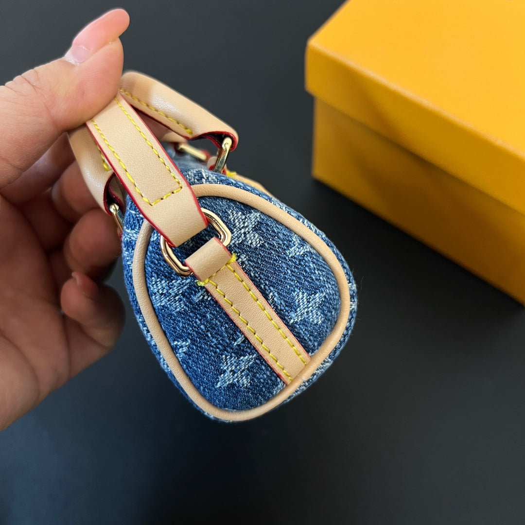 LV Micro Speed Bag Charm Blue Beige Canvas Leather