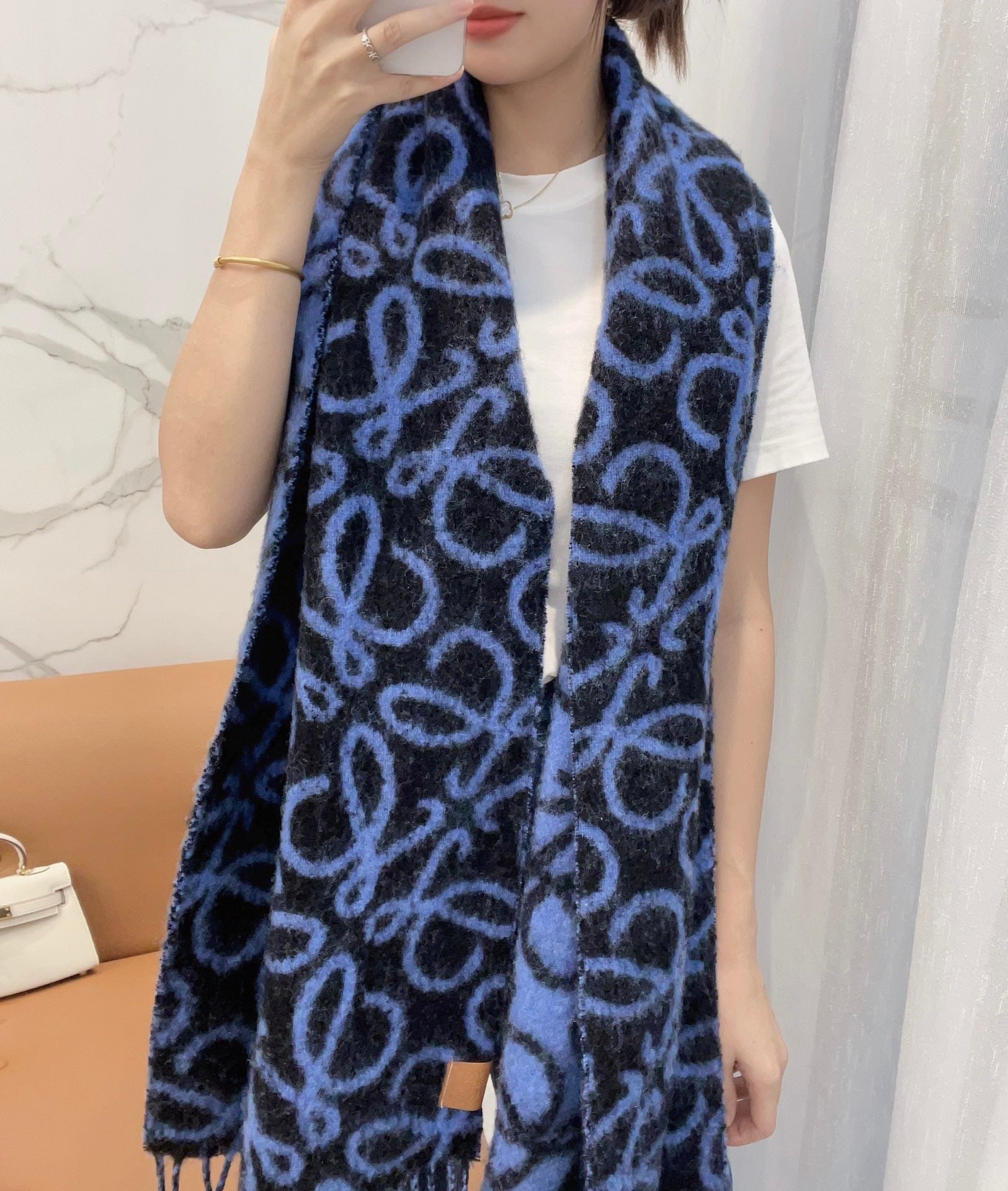 Loewe Scarf 180CM  Dark Blue Black Wool Cashmere 968583