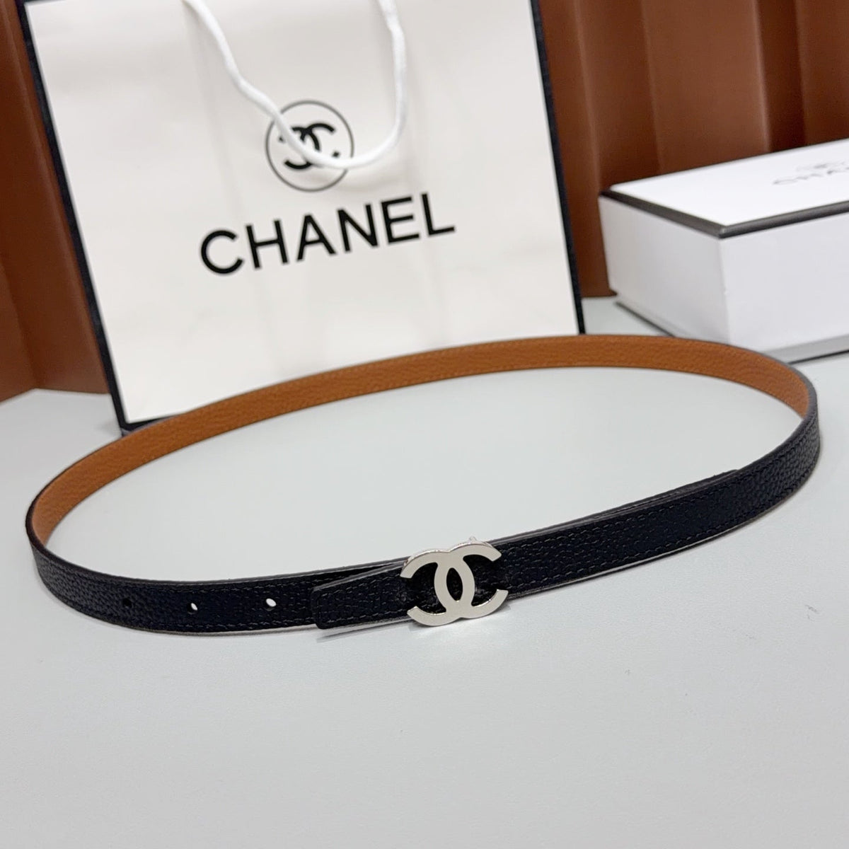 Chanel 2026 Slim Leather Logo Buckle Belt 15mm