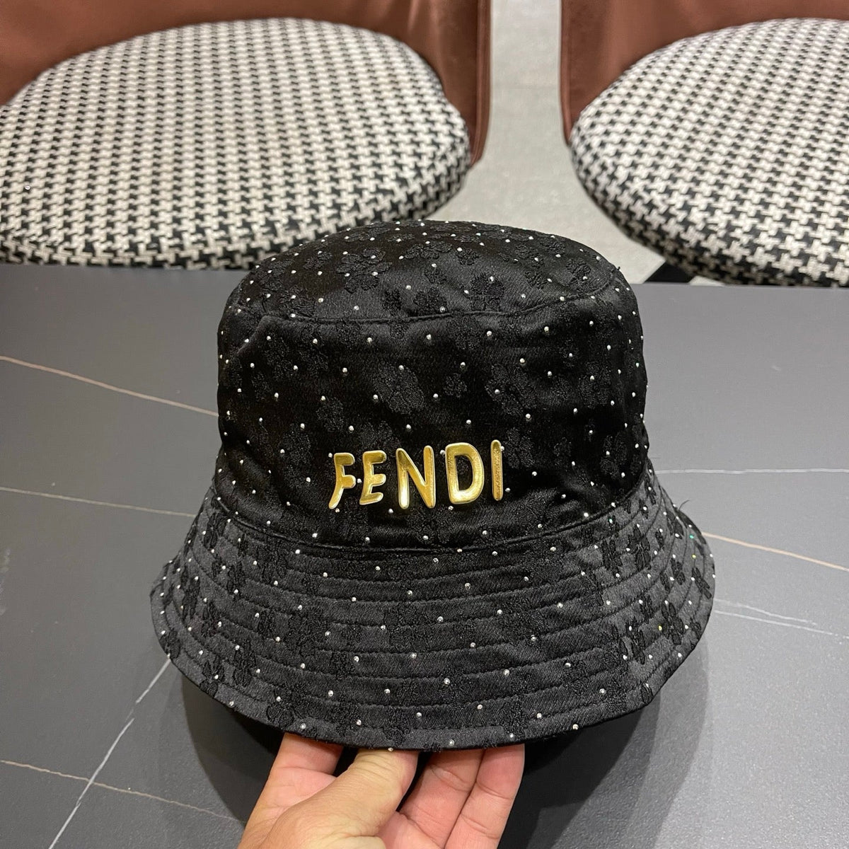 Fendi Rhinestone Embroidered Fabric Bucket Hat 491651
