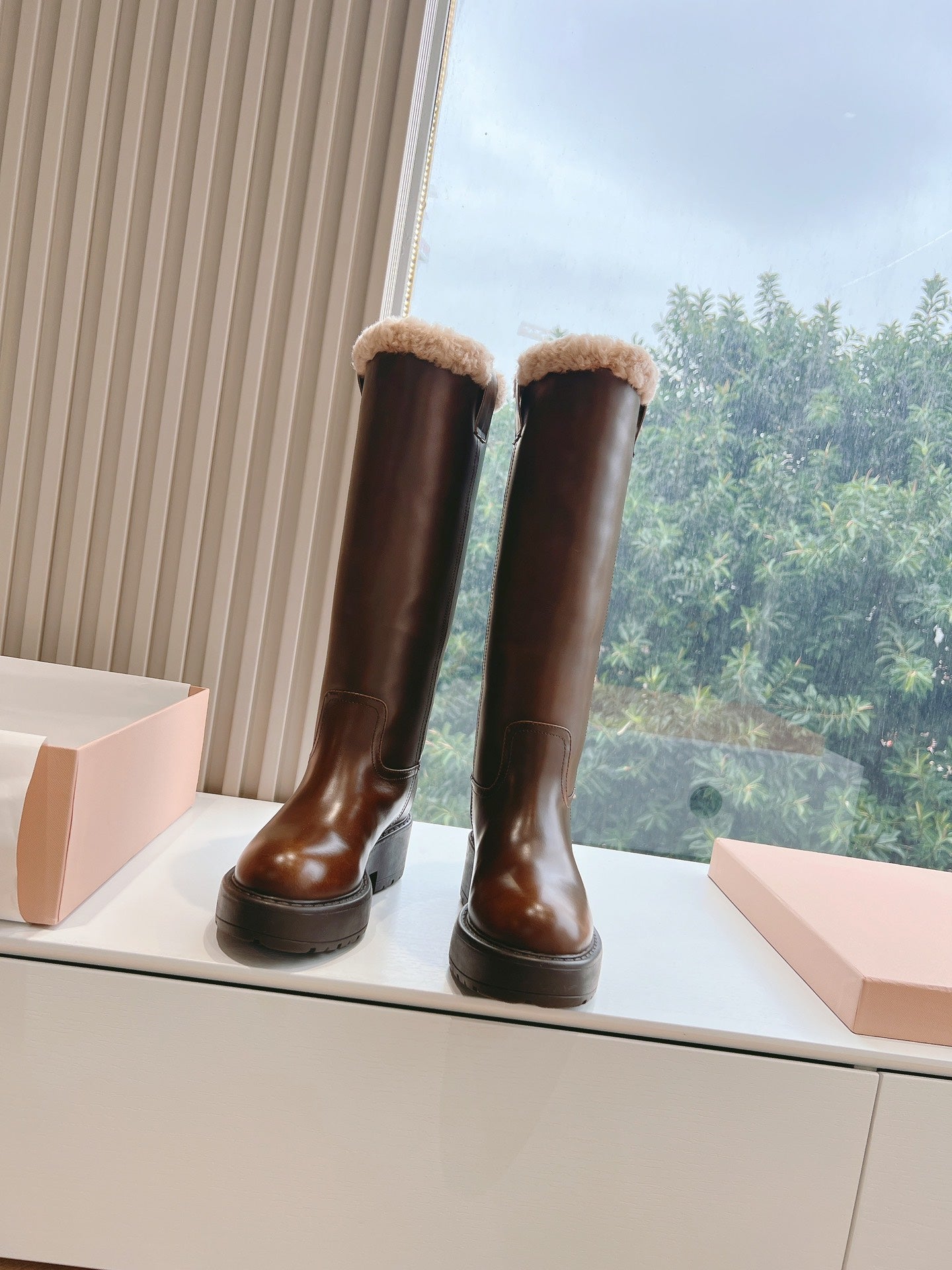 Miu Miu 2026 Shearling-Lined Knee-High Boots Brown Cowhide 994238