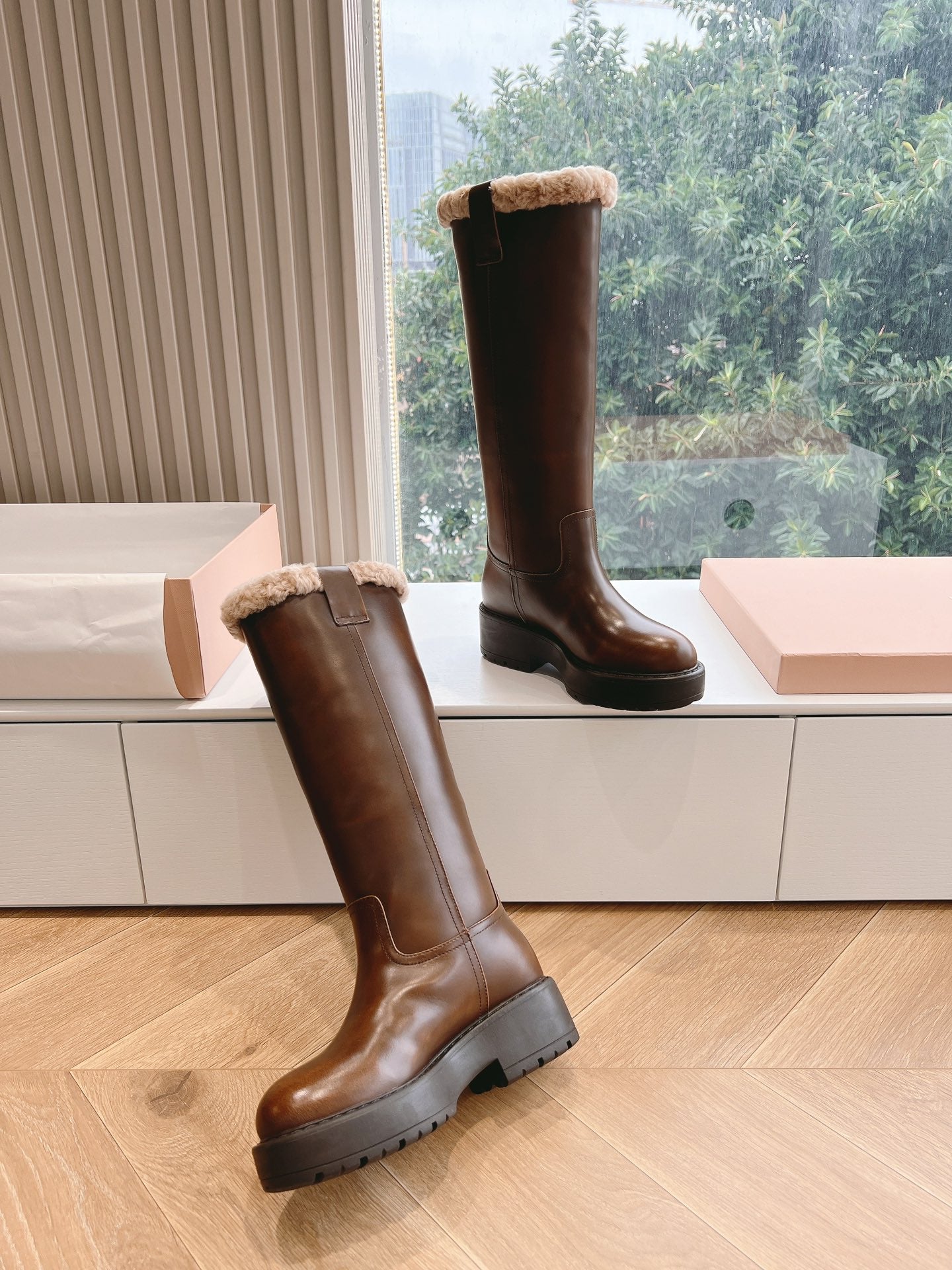 Miu Miu 2026 Shearling-Lined Knee-High Boots Brown Cowhide 994238