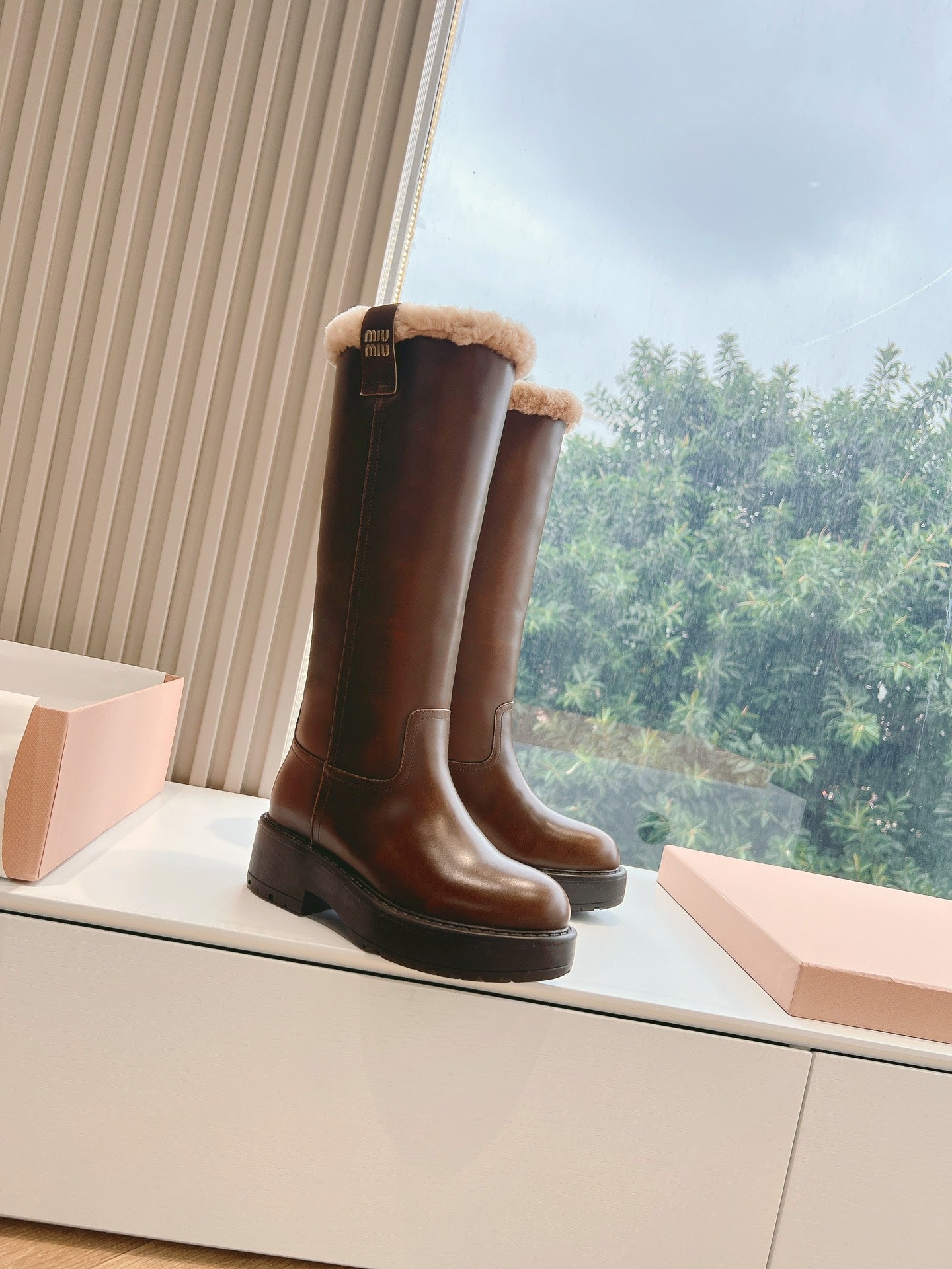 Miu Miu 2026 Shearling-Lined Knee-High Boots Brown Cowhide 994238