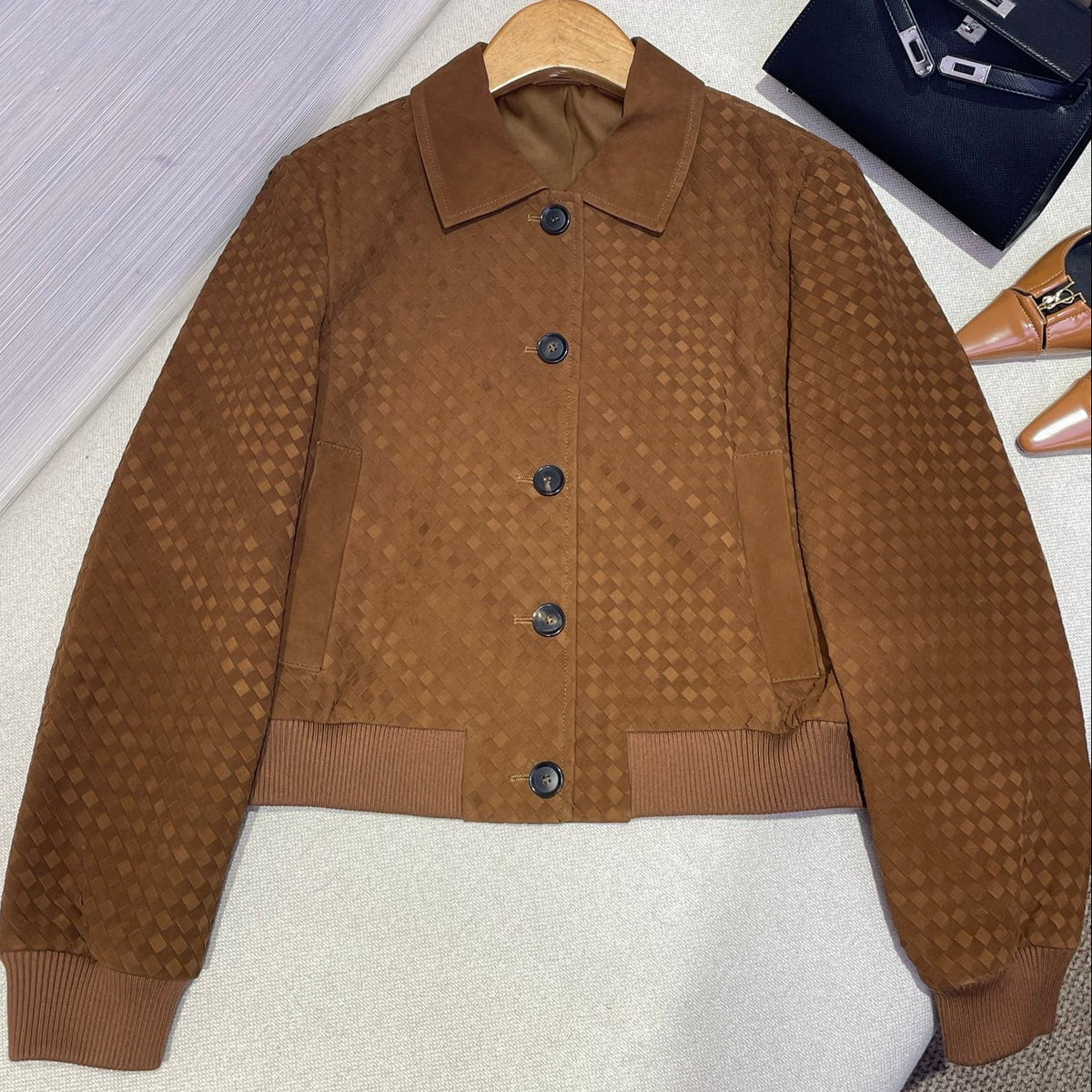 Bottega Veneta 2026 Intrecciato Blouson Jacket Brown Suede 425326