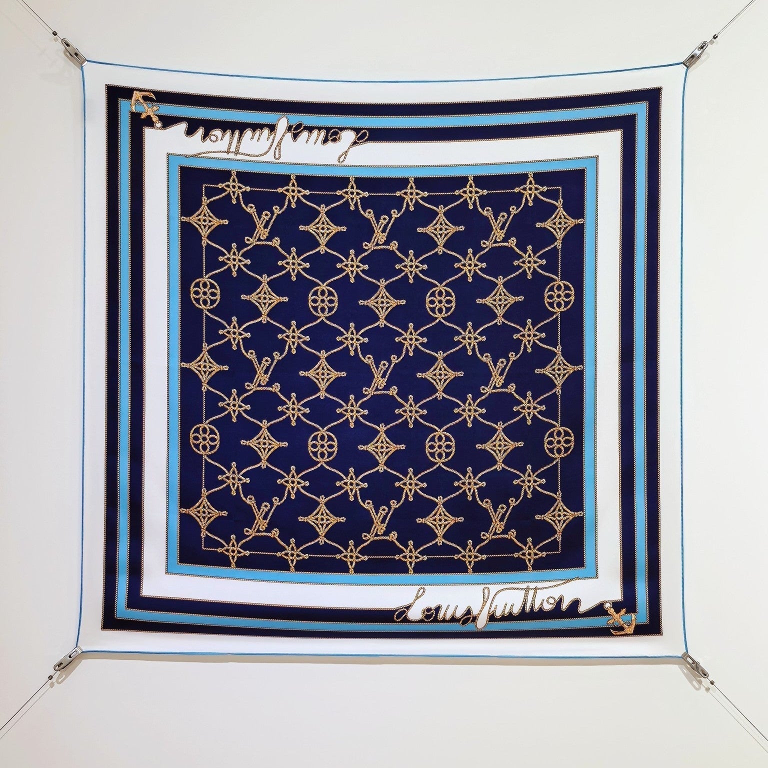 LV Double Sided Scarf 90 Dark Blue White Monogram Twill Silk 164407