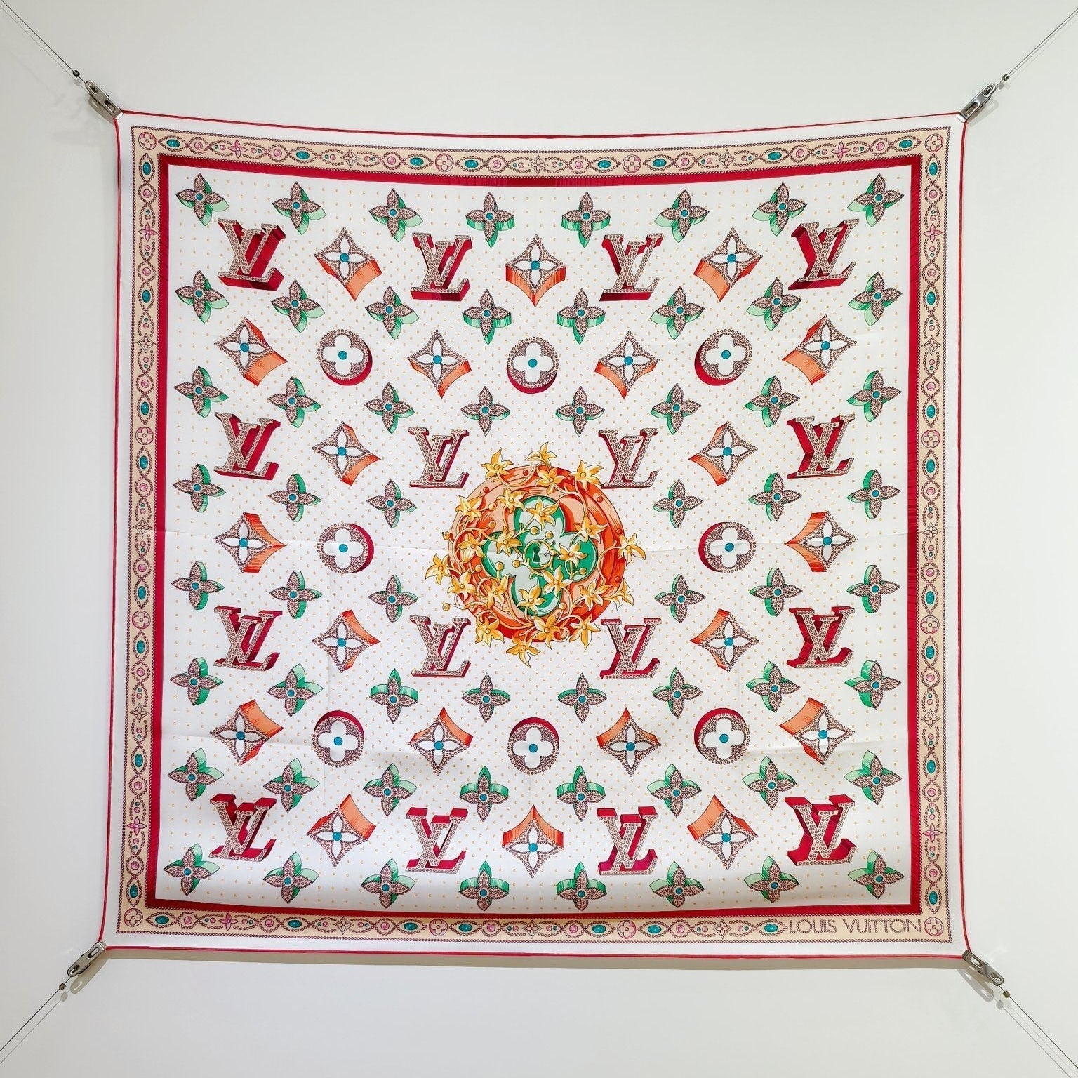LV Double Sided Scarf 90 White Pink Colorful Monogram Mulberry Silk 169336