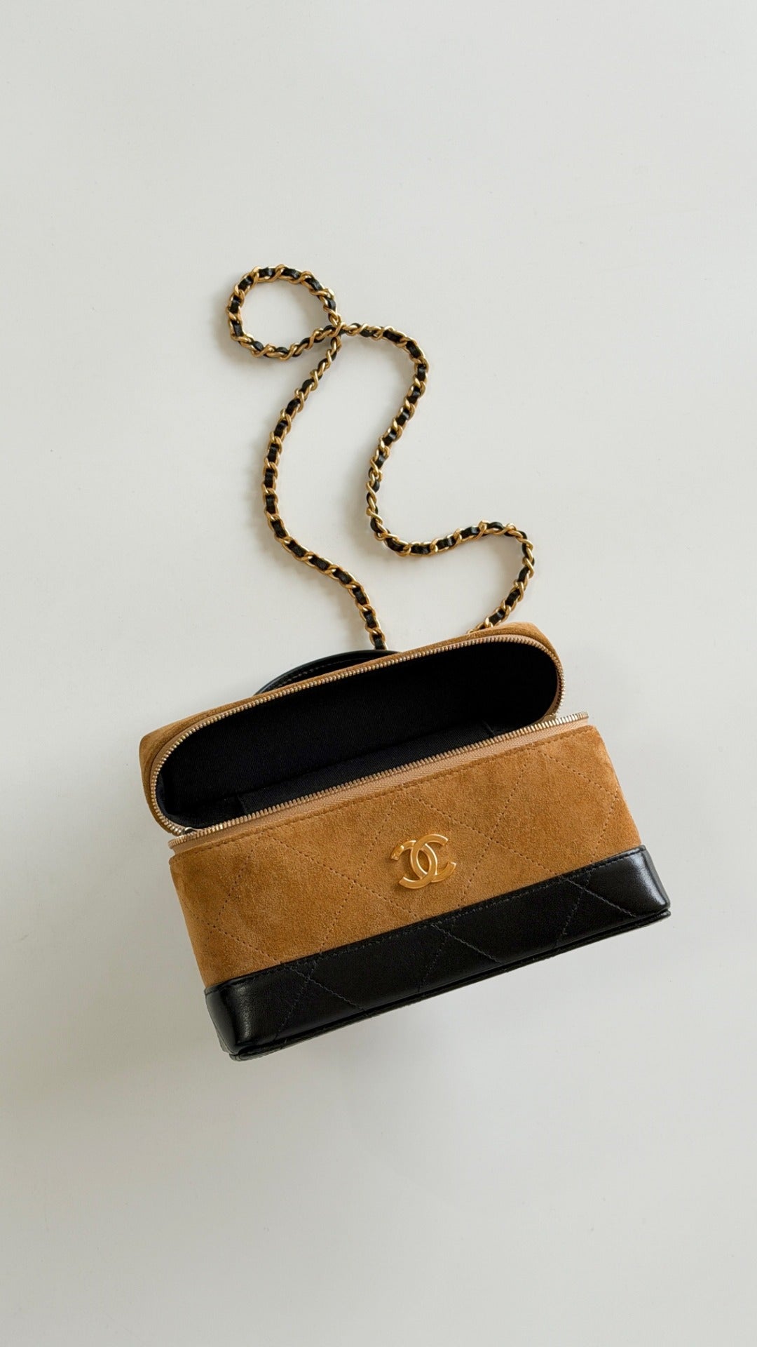 Chanel 2026 Vanity Bag 19.5cm Beige mix Black Suede Leather