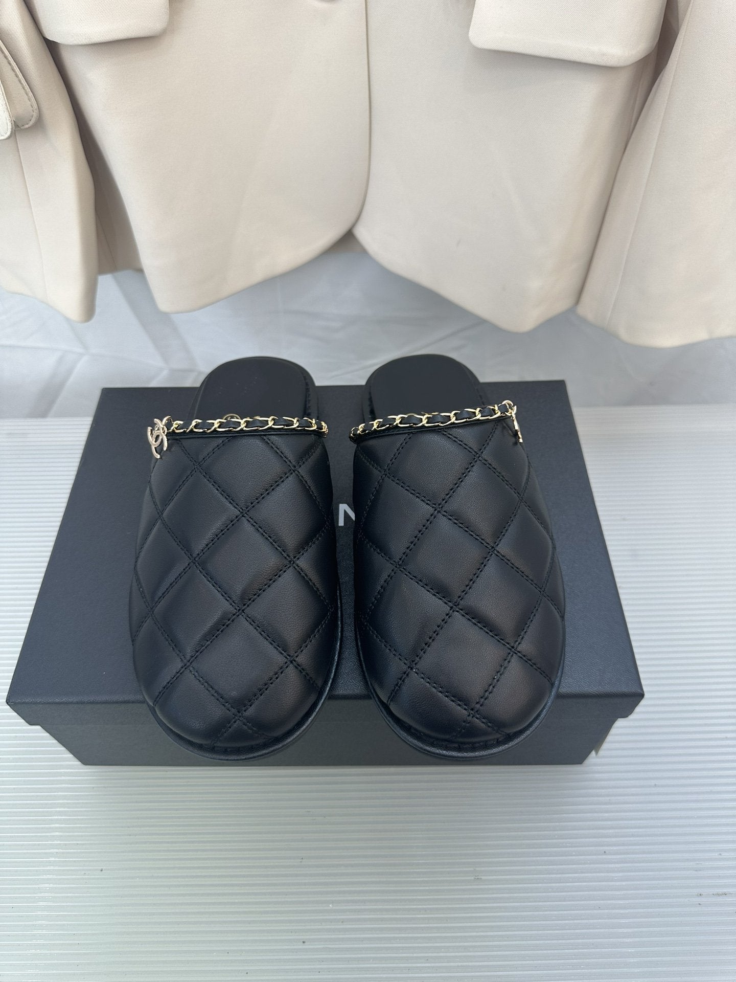 CC Black Lambskin Gold Chain Mules