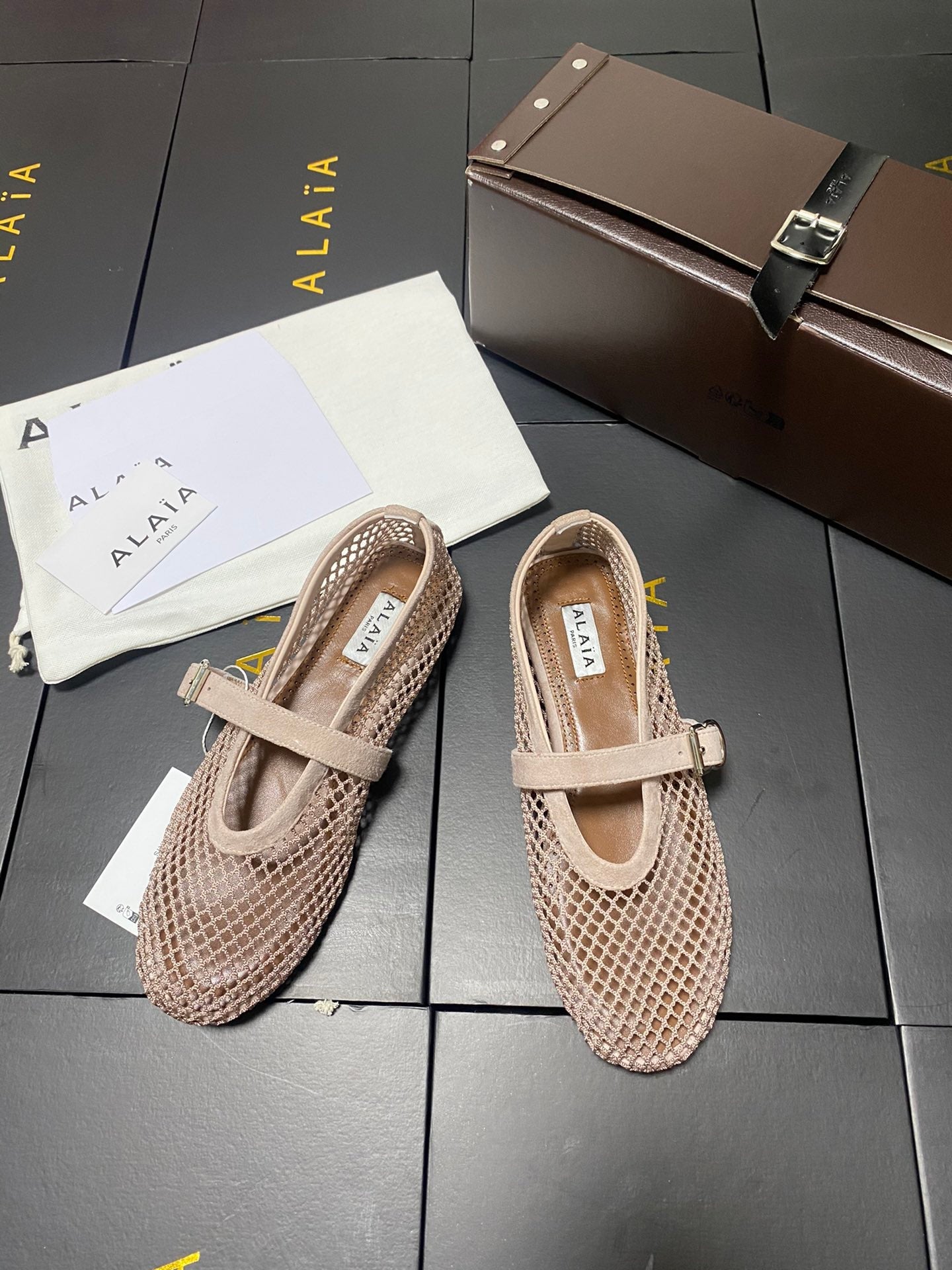 Alaia 2026 Laminated Fishnet Ballet Flats Beige Suede Mesh 361163