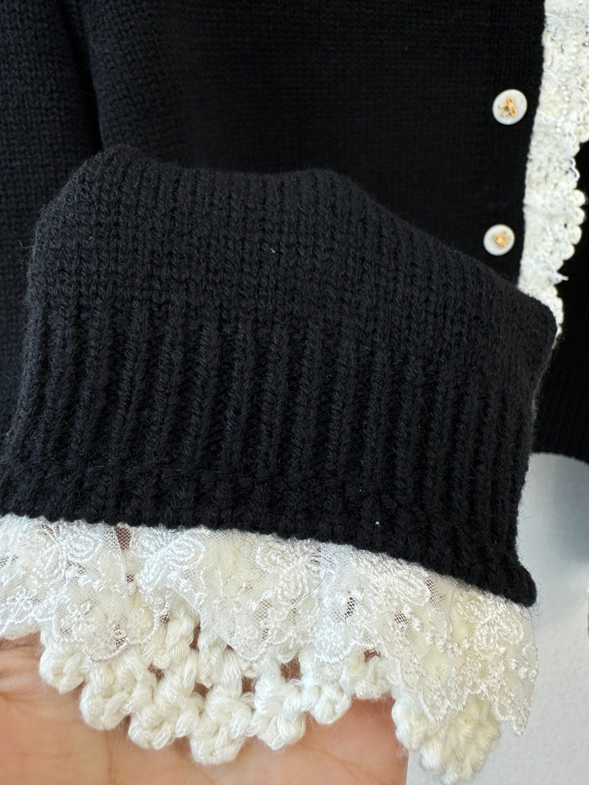 Chanel 2026 Lace-trimmed Cardigan Black Mix White Wool 424721