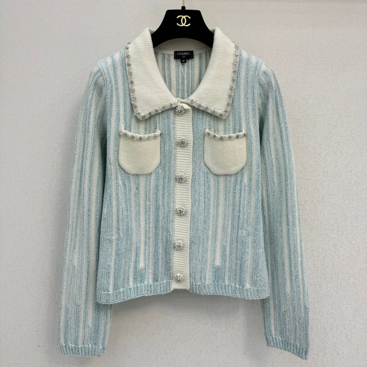 Chanel 2026 Striped Cardigan Blue White Wool 424700
