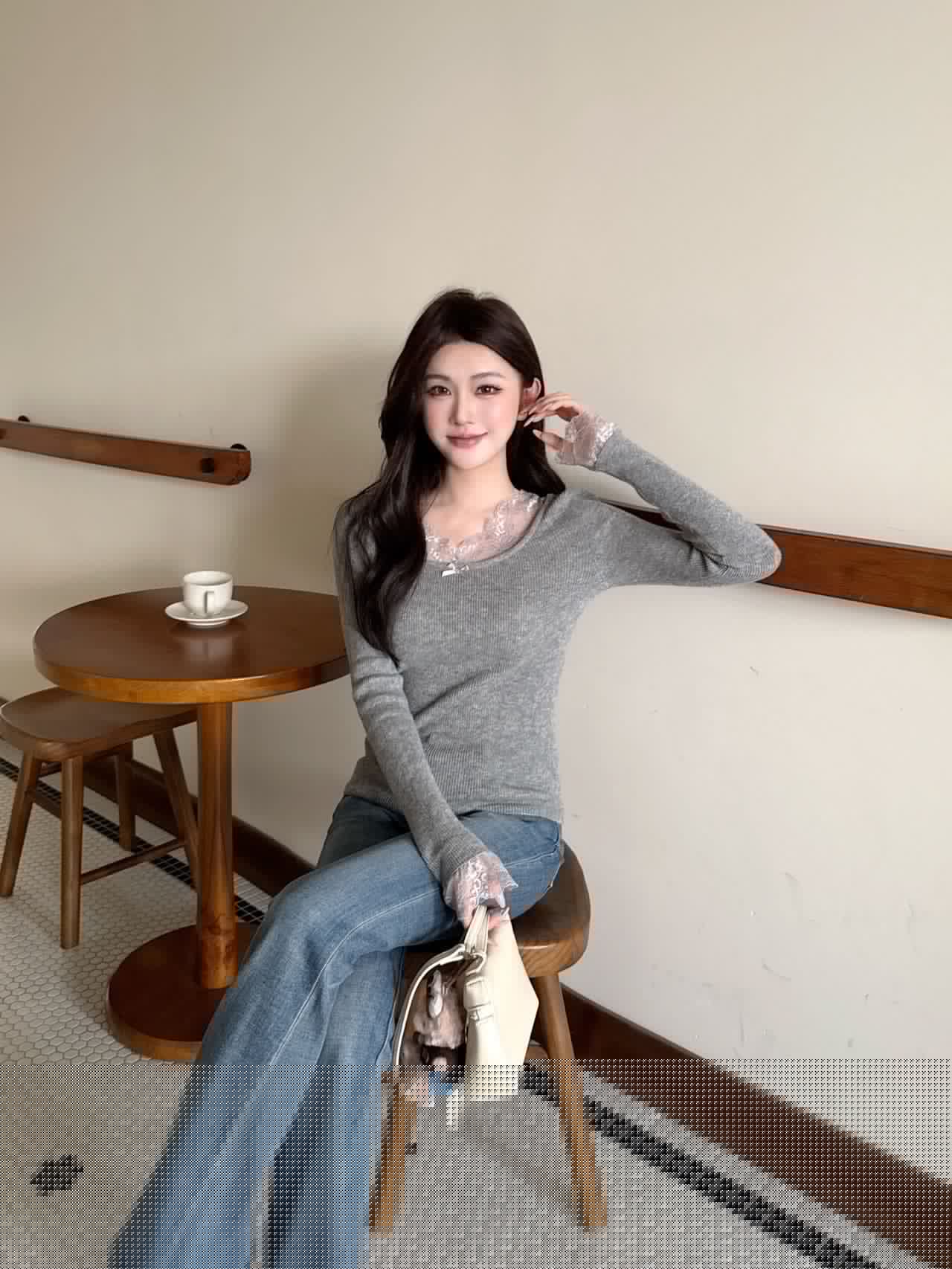 Miumiu 2026 Lace-trimmed Base Layer Top Grey Wool