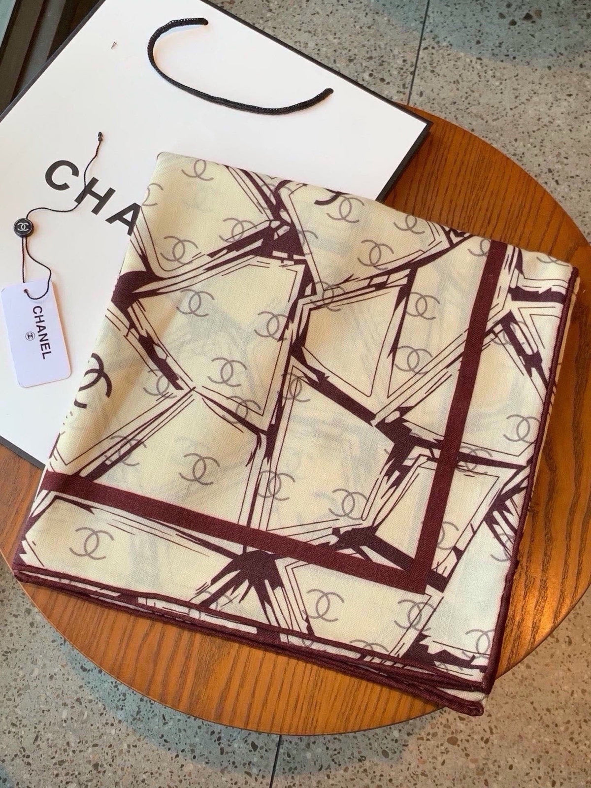Chanel 2026 Geometric Scarf 135cm Burgundy White Silk And Cashmere 214970