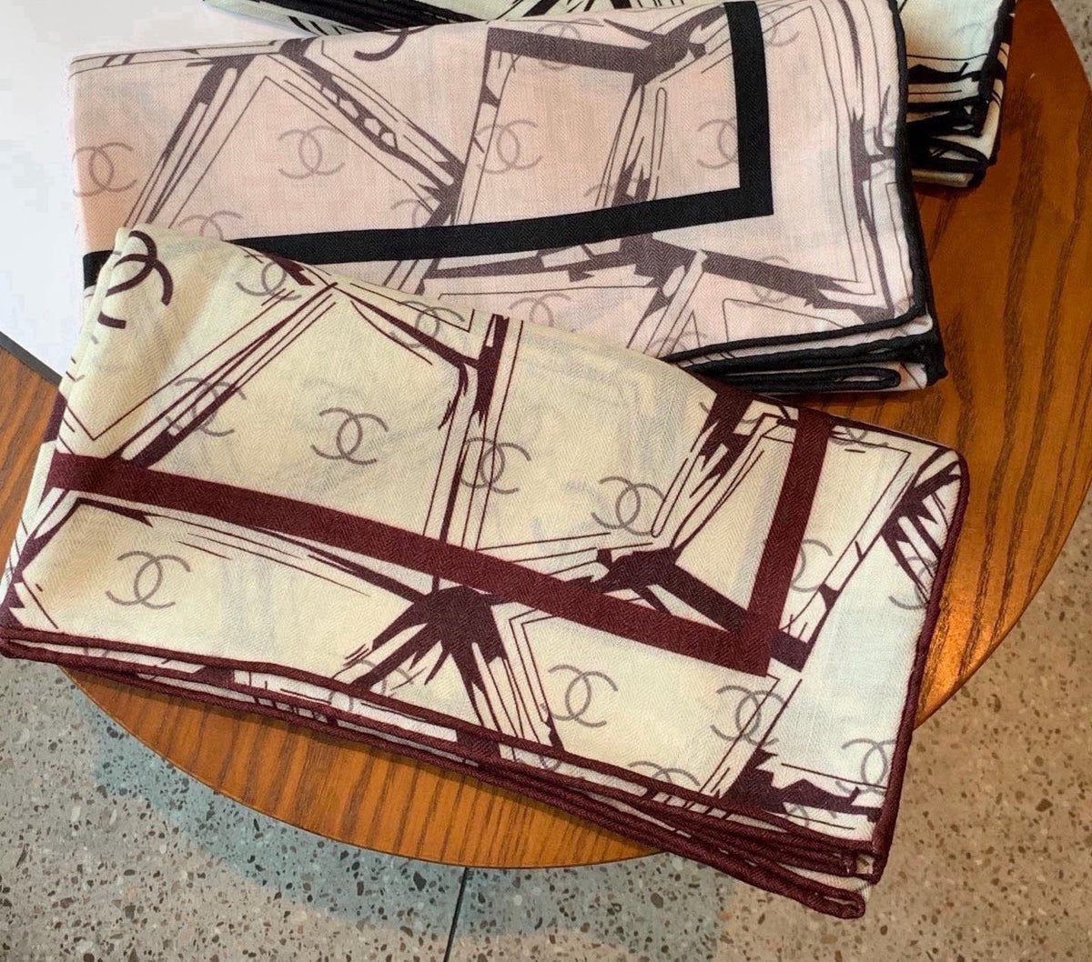 Chanel 2026 Geometric Scarf 135cm Burgundy White Silk And Cashmere 214970