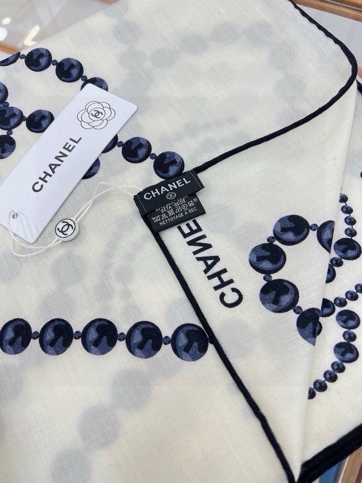 Chanel 2026 Pearl Scarf 140cm Black White Silk And Cashmere 214951
