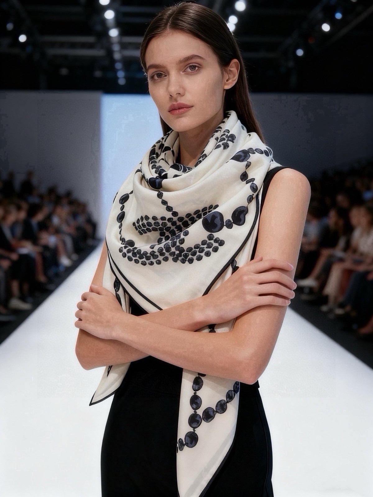 Chanel 2026 Pearl Scarf 140cm Black White Silk And Cashmere 214951