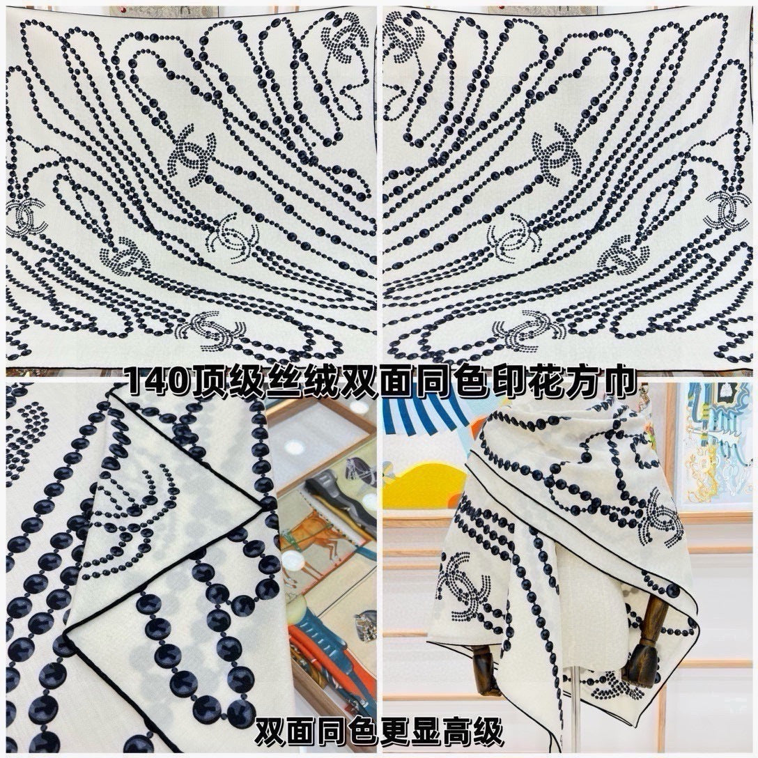 Chanel 2026 Pearl Scarf 140cm Black White Silk And Cashmere 214951