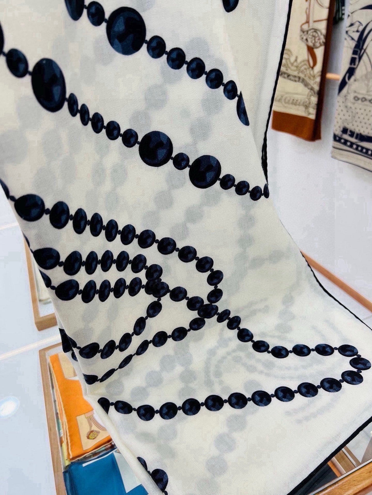 Chanel 2026 Pearl Scarf 140cm Black White Silk And Cashmere 214951