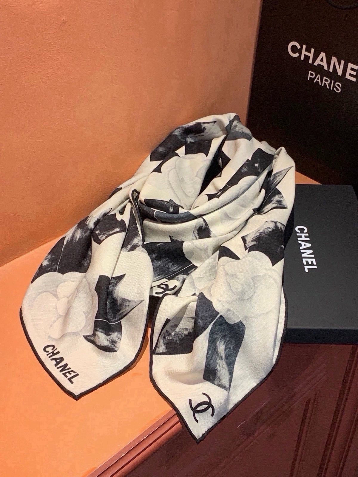 Chanel 2026 Camellia Flower Scarf 140cm Black White Silk And Cashmere 214943