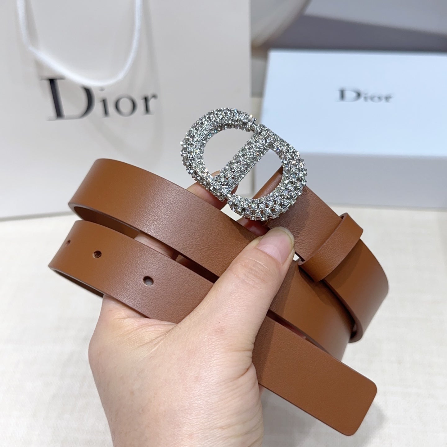 Dior 2026 Rhinestones Buckle Belt 25mm Cowhide 196490
