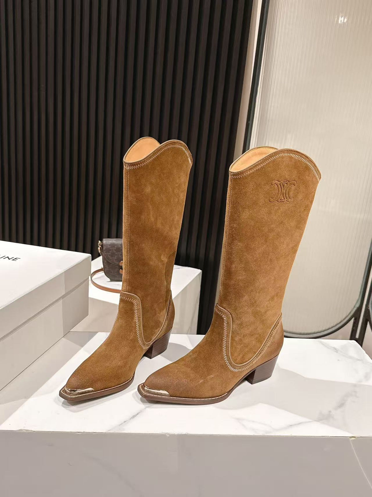 CELINE 25 Mid Calf Cowboy Boots Brown Suede 434425