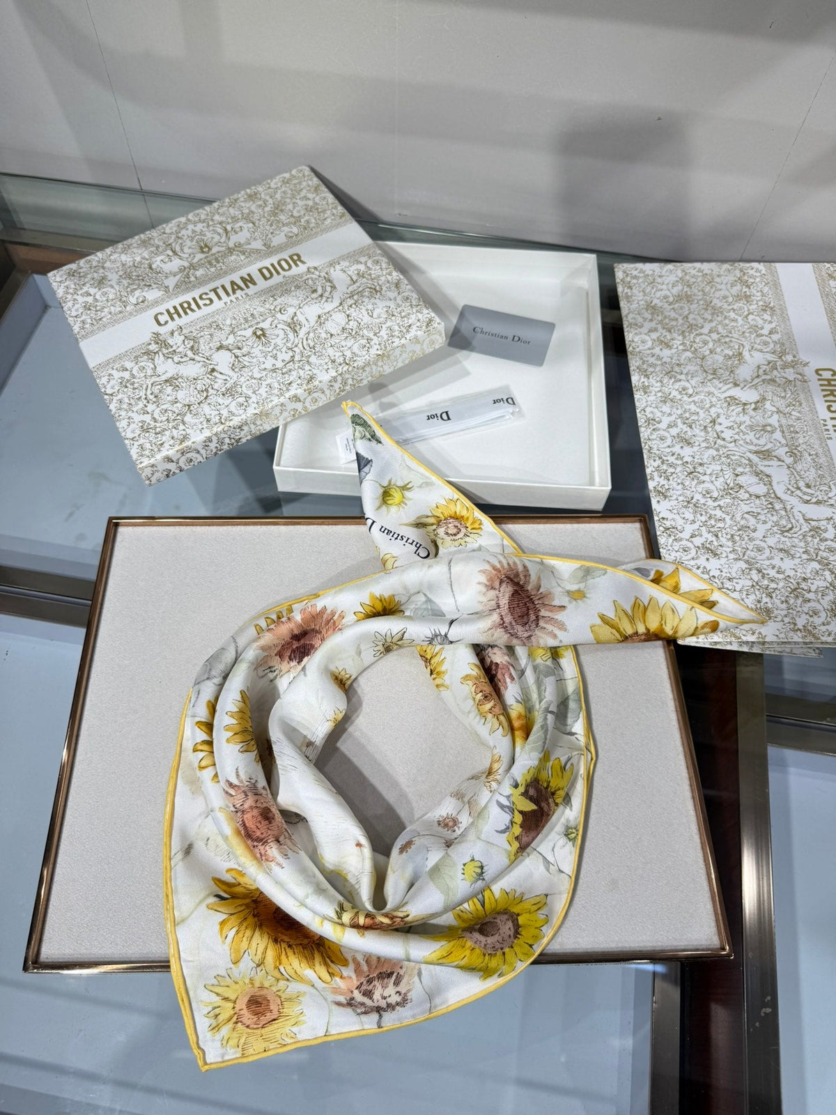 Dior 2026 Sunflower Scarf 70cm White Mix Yellow Silk 186953