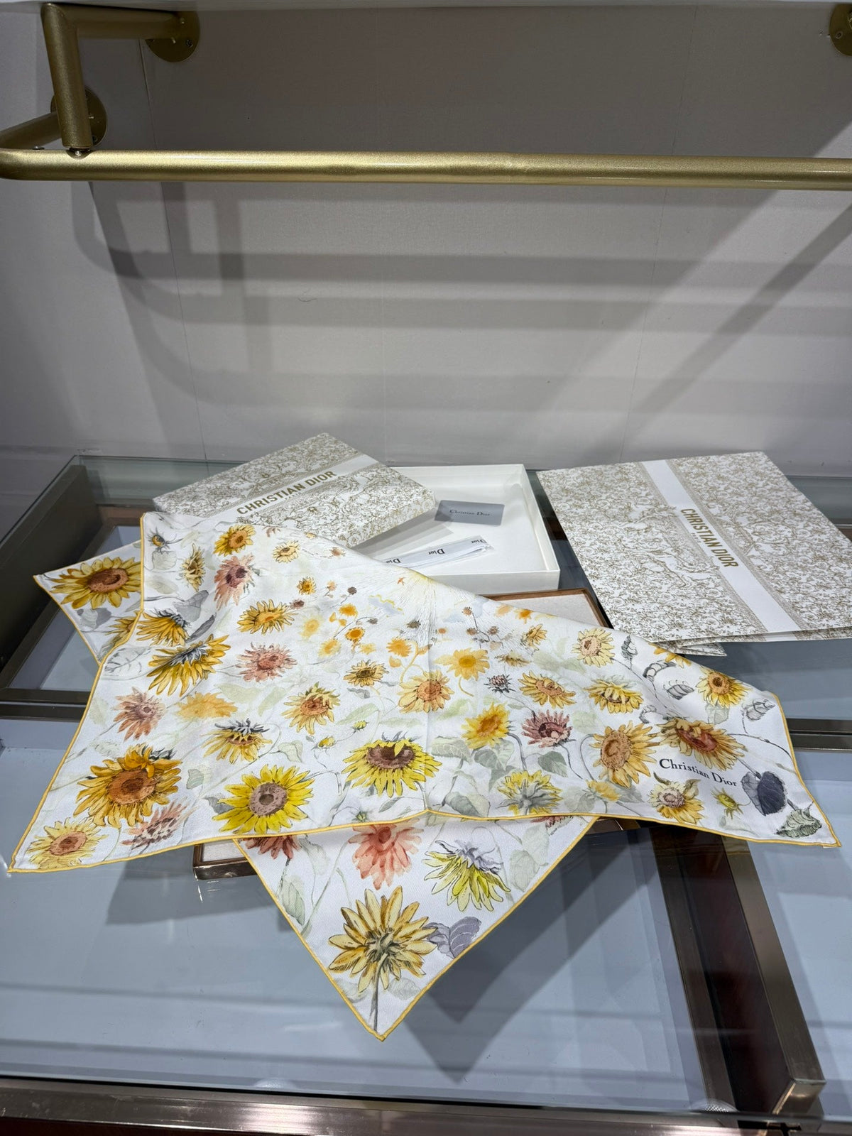 Dior 2026 Sunflower Scarf 70cm White Mix Yellow Silk 186953