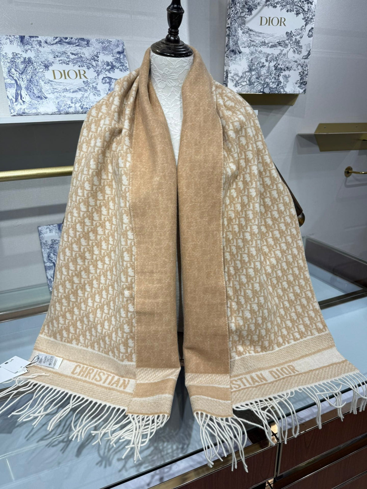 Dior 2026 Oblique Scarf 200cm Beige Cashmere 189582