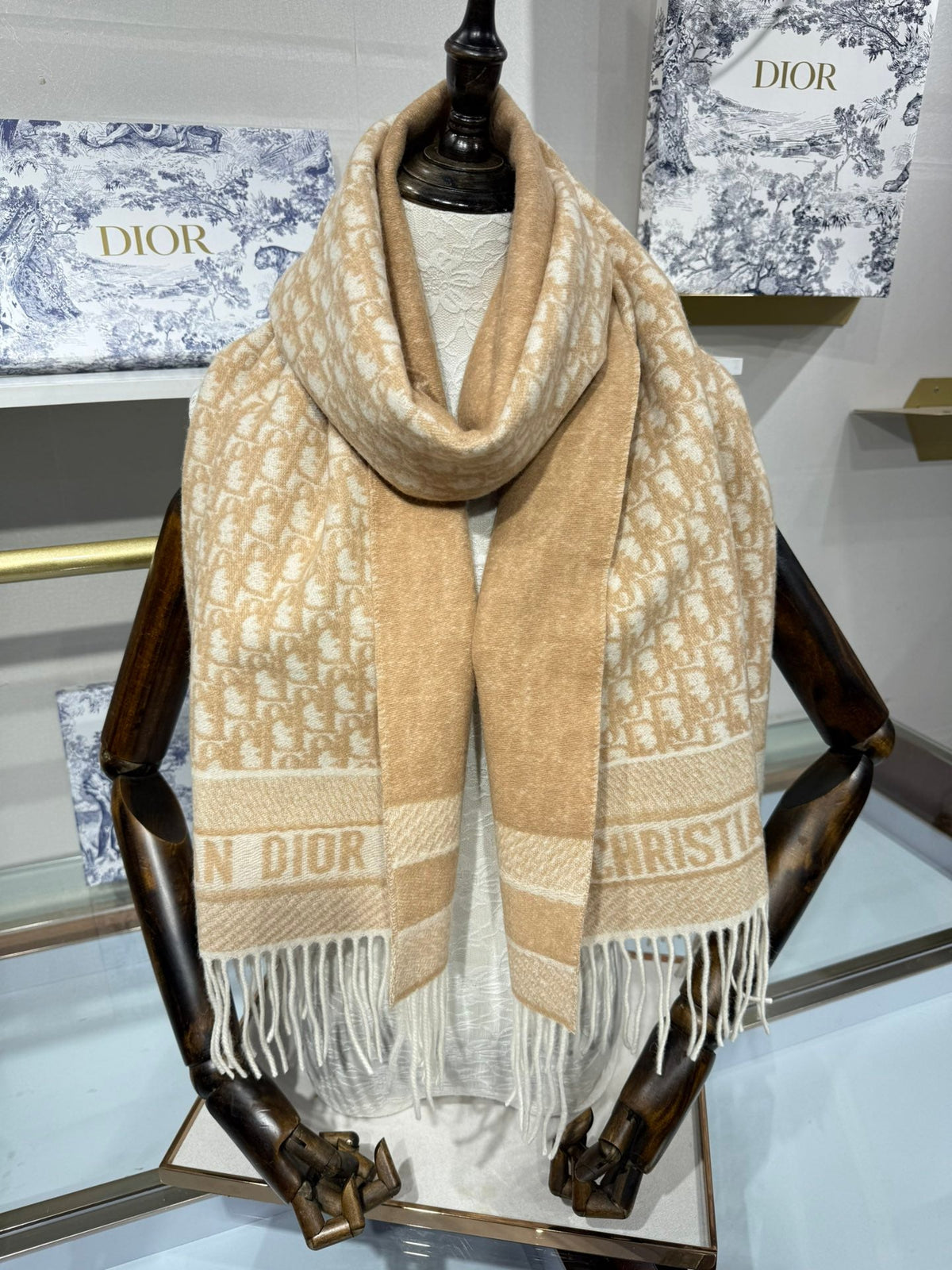 Dior 2026 Oblique Scarf 200cm Beige Cashmere 189582