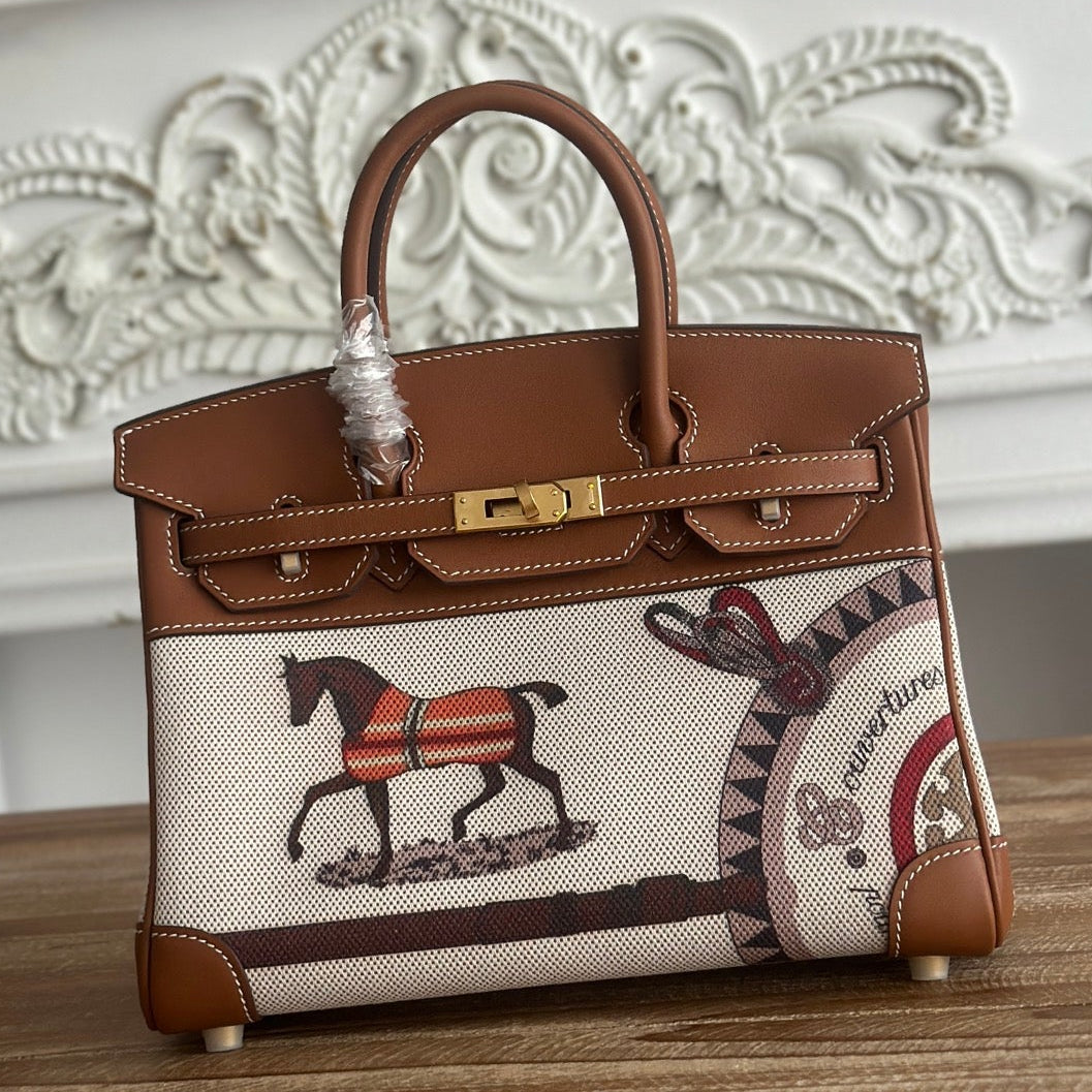High-end Hermes 2026 Birkin Limited Edition Golden Brown Horse Totem Canvas/Swift Leather