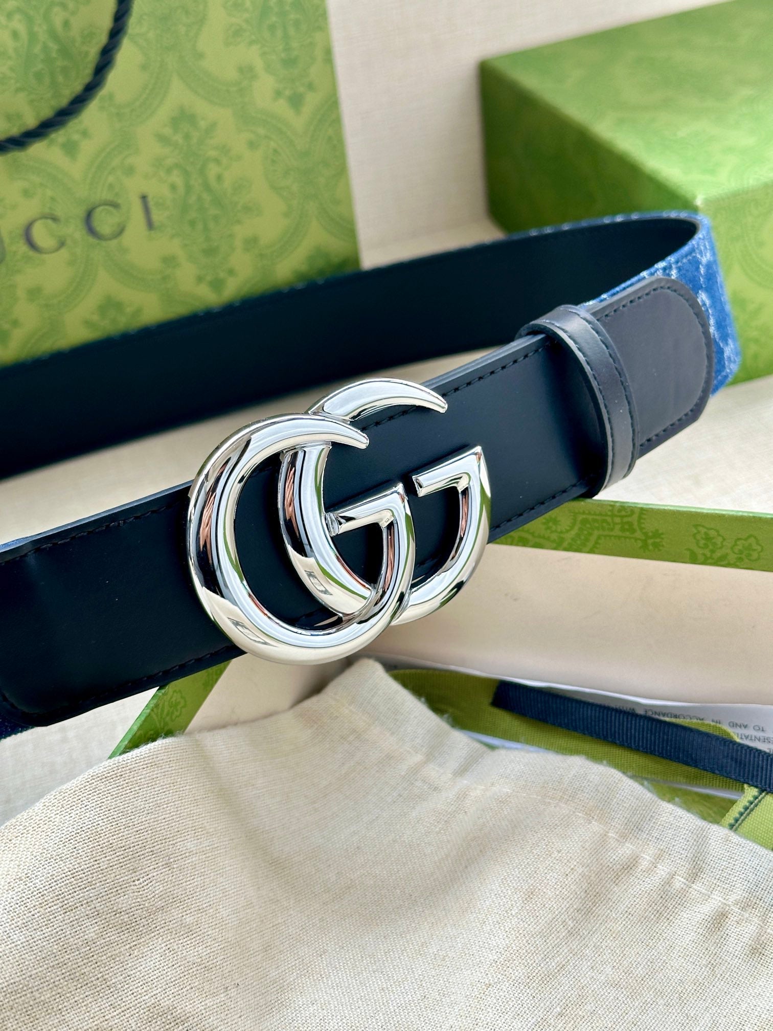 Gucci 2026 GG Marmont Belt 38mm Denim Leather