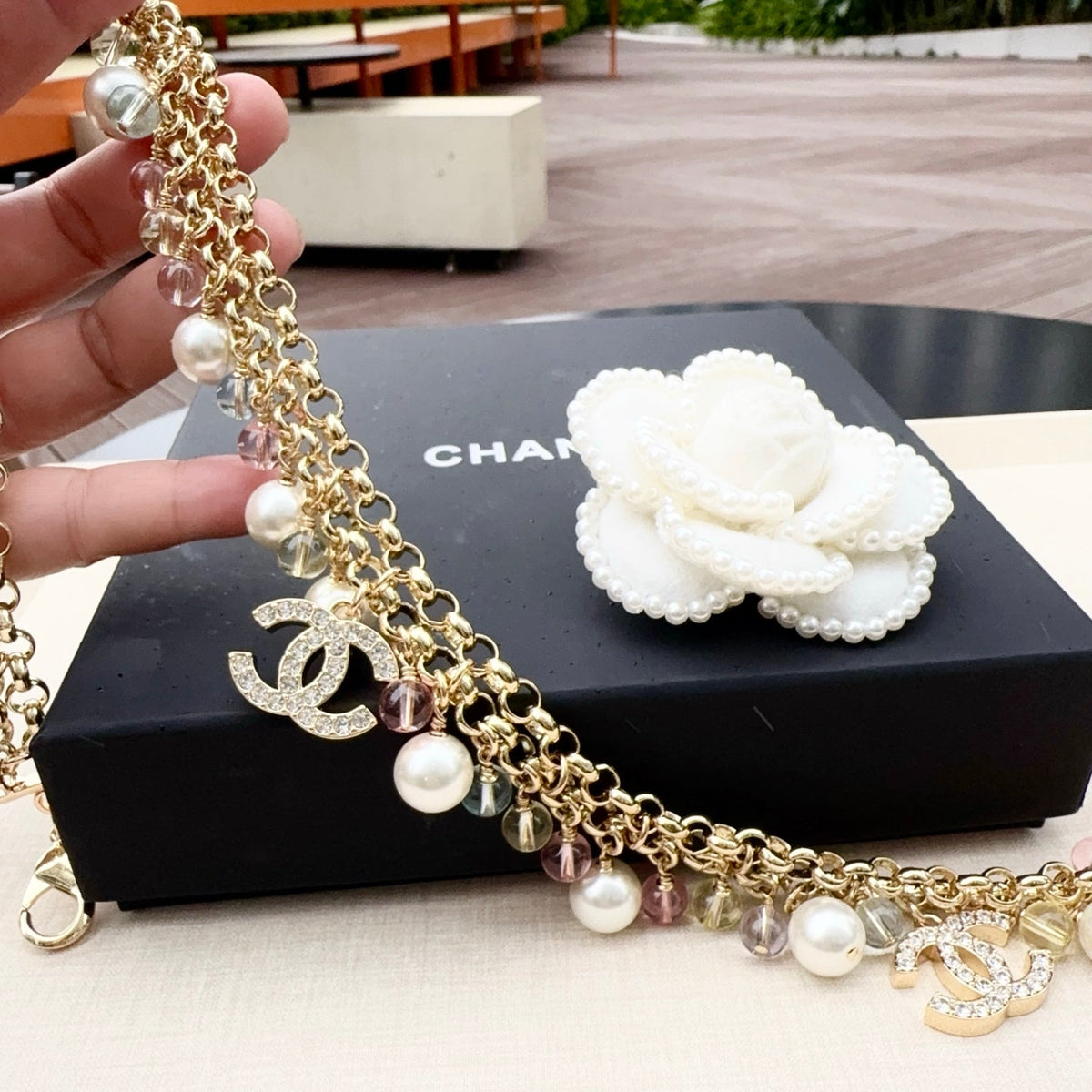 Chanel 2026 Pearl Crystal Charm Layered Chain Belt 208038