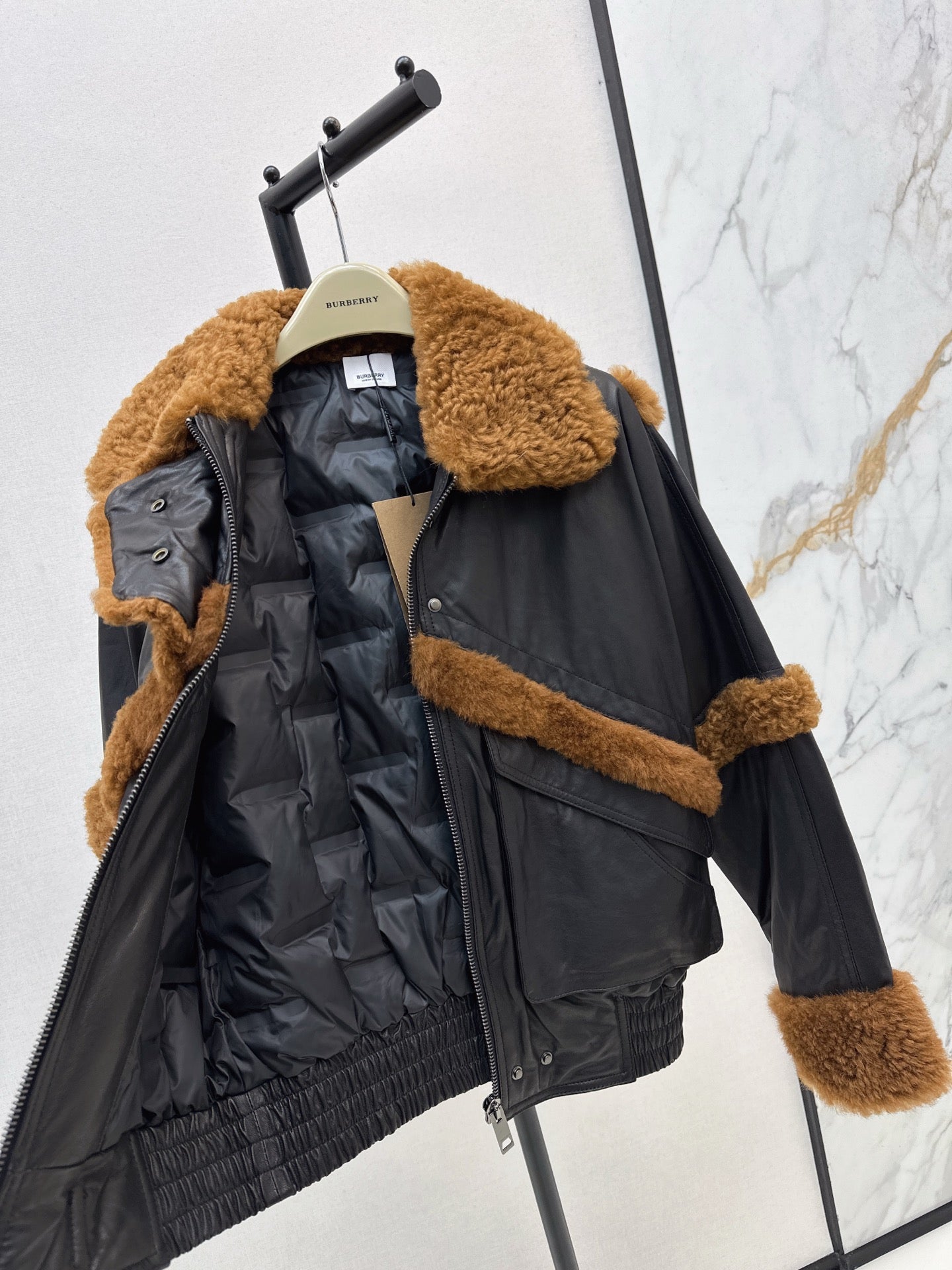 Burberry 25 Shearling-trimmed Bomber Jacket Black Brown Fur Leather