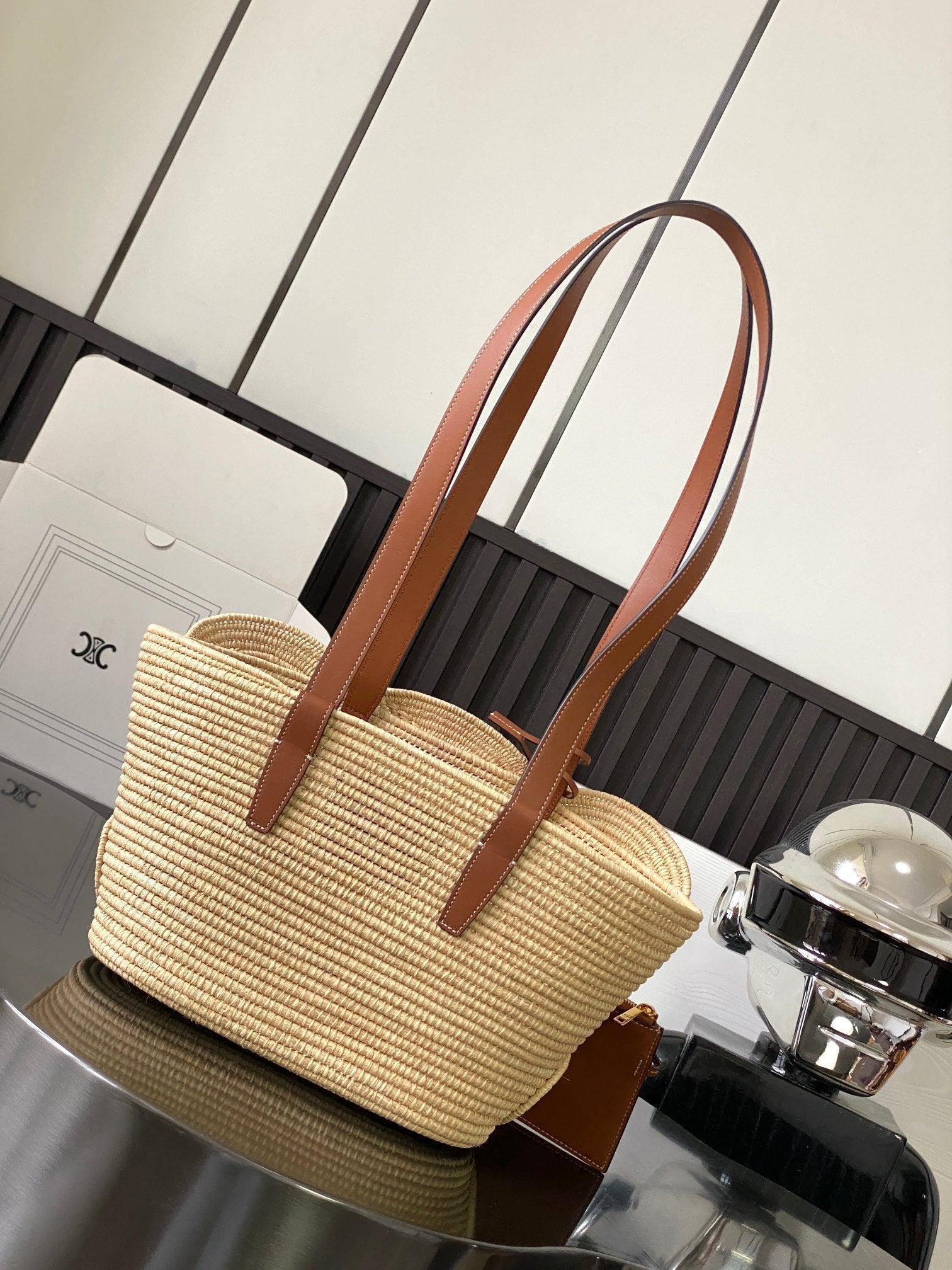 Celine Classic Panier 36cm Braieded Triomphe Beige Raffia Brown Calfskin