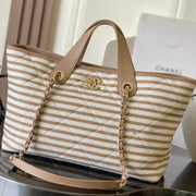 Chanel 2026 Deauville Tote Bag 46cm Beige mix White Canvas Leather 331126