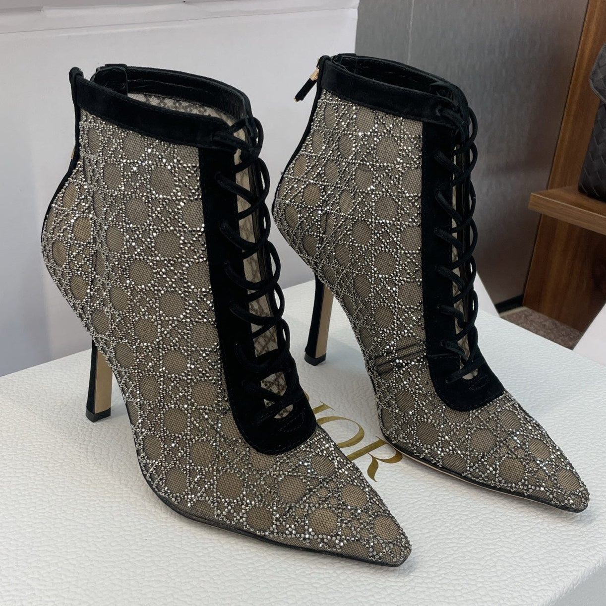 Dior 2025 Capture Heeled Ankle Boot Black Beige Mesh Sheepskin 508531